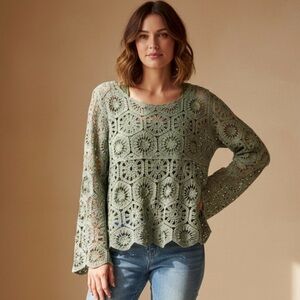 Ultra Pink 100% Cotton Boho Crocheted Sage Green Sweater size XL